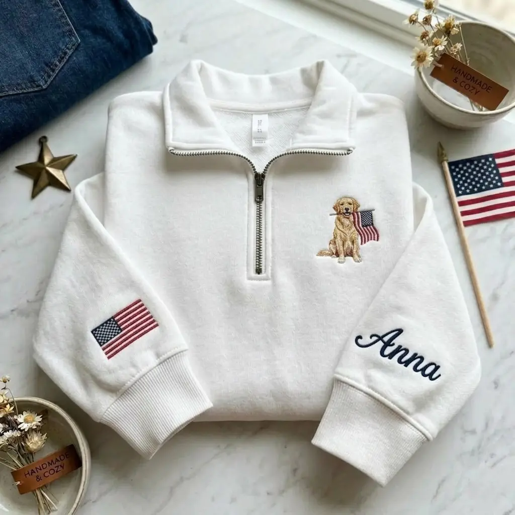 [MADE IN US] Custom Golden Retriever Embroidered Quarter Zip, Personalized Dog Mom Shirt with Name on Sleeve, USA Flag Dog Lover Crewneck