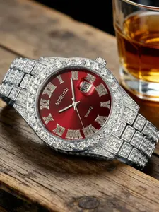 Men's Luxury Moissanite Watch, Classic Dial Roman Numerals Quartz, Vintage Style, Perfect for Parties, Dates, Business, Includes Gift Box