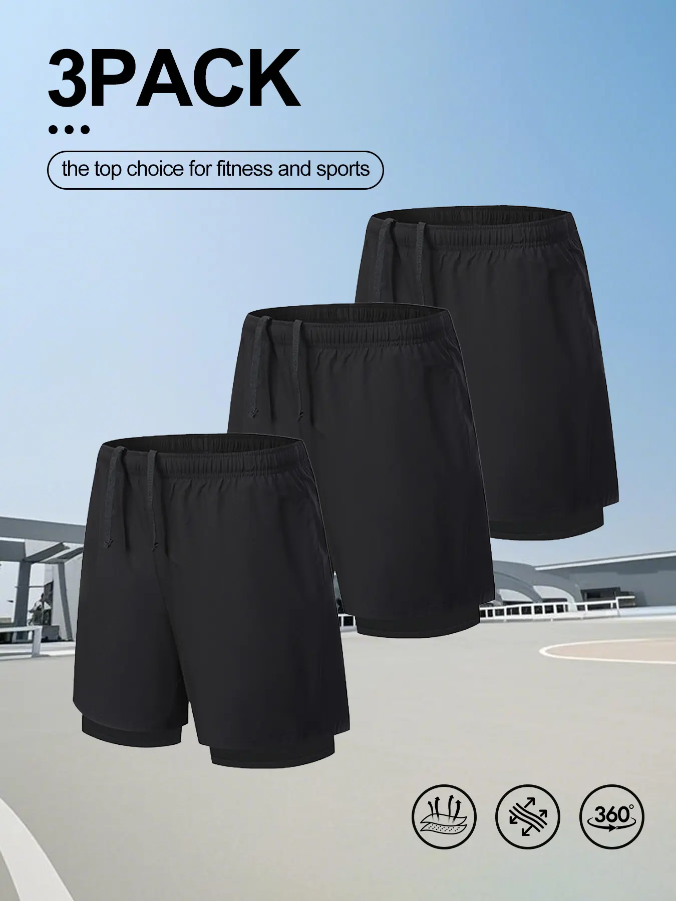 Men 3-Pack Double Layer Sport Shorts Lightweight Breathable Compression Liner Running Gym Workout Athletic Shorts with Elastic Waist