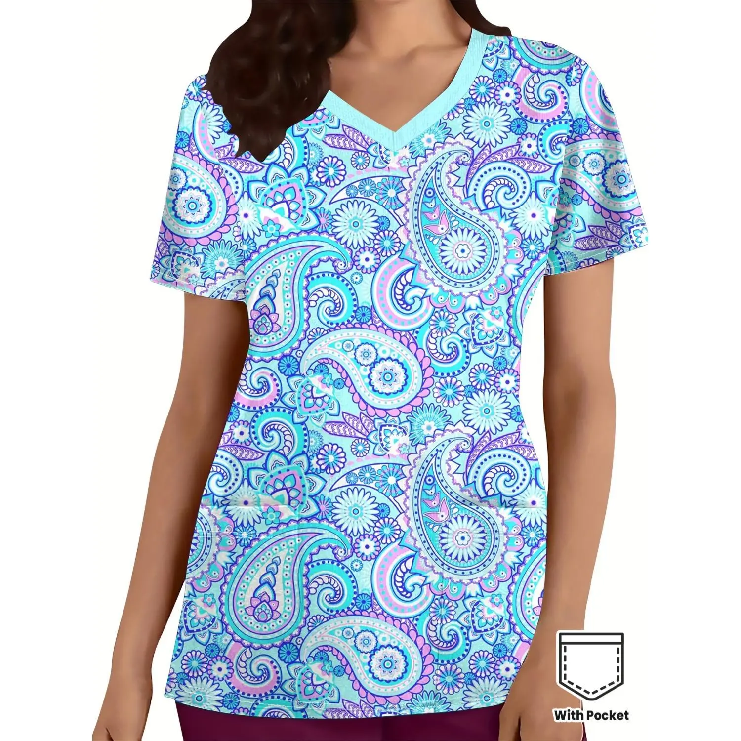 Stylish Women's V-Neck Paisley Print Scrub Top with Pockets - Short Sleeve Nursing Uniform in Blue & Teal, Comfortable Polyester Fabric for Healthcare Professionals, Ideal Nurse Workwear