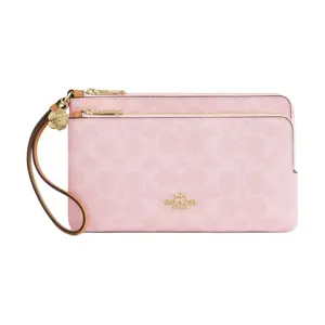 Coach Double-Zip Synthetic Leather Wallet for Women, Small Size, Gold and Pink