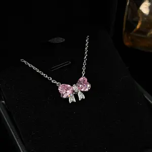 Sweet maiden Princess pink bow necklace Light luxury niche design commuter everything clavicle chain zircon choker