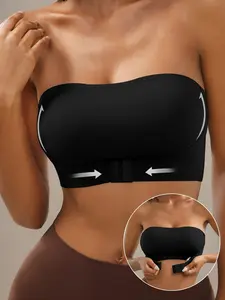 Wireless Front Buckle Bra, Strapless Full Support Non-Slip Bandeau, Ultimate Comfort, Push-Up Design, Convertible Bandeau, Casual Style, Front Close Bra