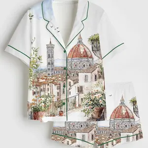 Florence Italy Watercolor Cityscape Satin Pajama Set, Loungewear Sleepwear