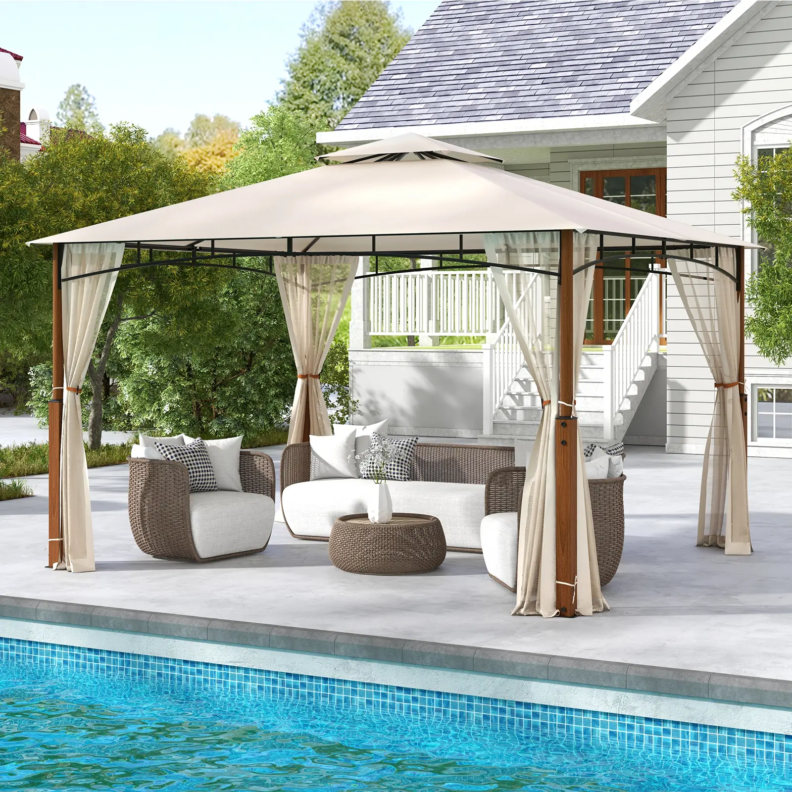 COSTWAY - 12 x 10 Feet Outdoor Patio Gazebo with Netting and 2-Tier Canopy Roof-Beige COSTWAY - 12 x 10 Feet Outdoor Patio Gazebo with Netting and 2-Tier Canopy Roof-Beige