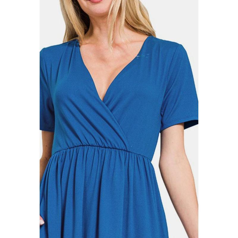 Surplice Short Sleeve Brushed DTY Dress - Basic Style, Pocketed Design, 90% Polyester & 10% Spandex, Comfortable Fit.
