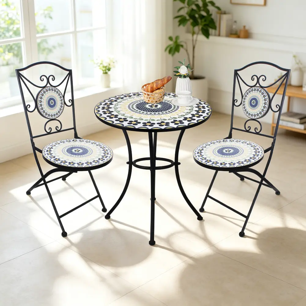 3-Piece Mosaic Outdoor Folding Wrought Iron Patio Bistro Set - Small Table with Blue-White Decorative Mosaic Top, 2 Chairs, Portable Furniture for Balcony, Garden