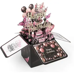 Pop Up Birthday Card with Envelope, Exquisite 3D Happy Birthday Greeting Card Box with Crown Balloon Bow Design for Women Girls Mom Wife Gift