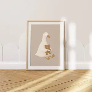 Cute Goose and Teddy Bear Wall Art Print – Nursery Animal Poster for Kids Room, Neutral Baby Room Decor, Adorable Duck Artwork for Children 2