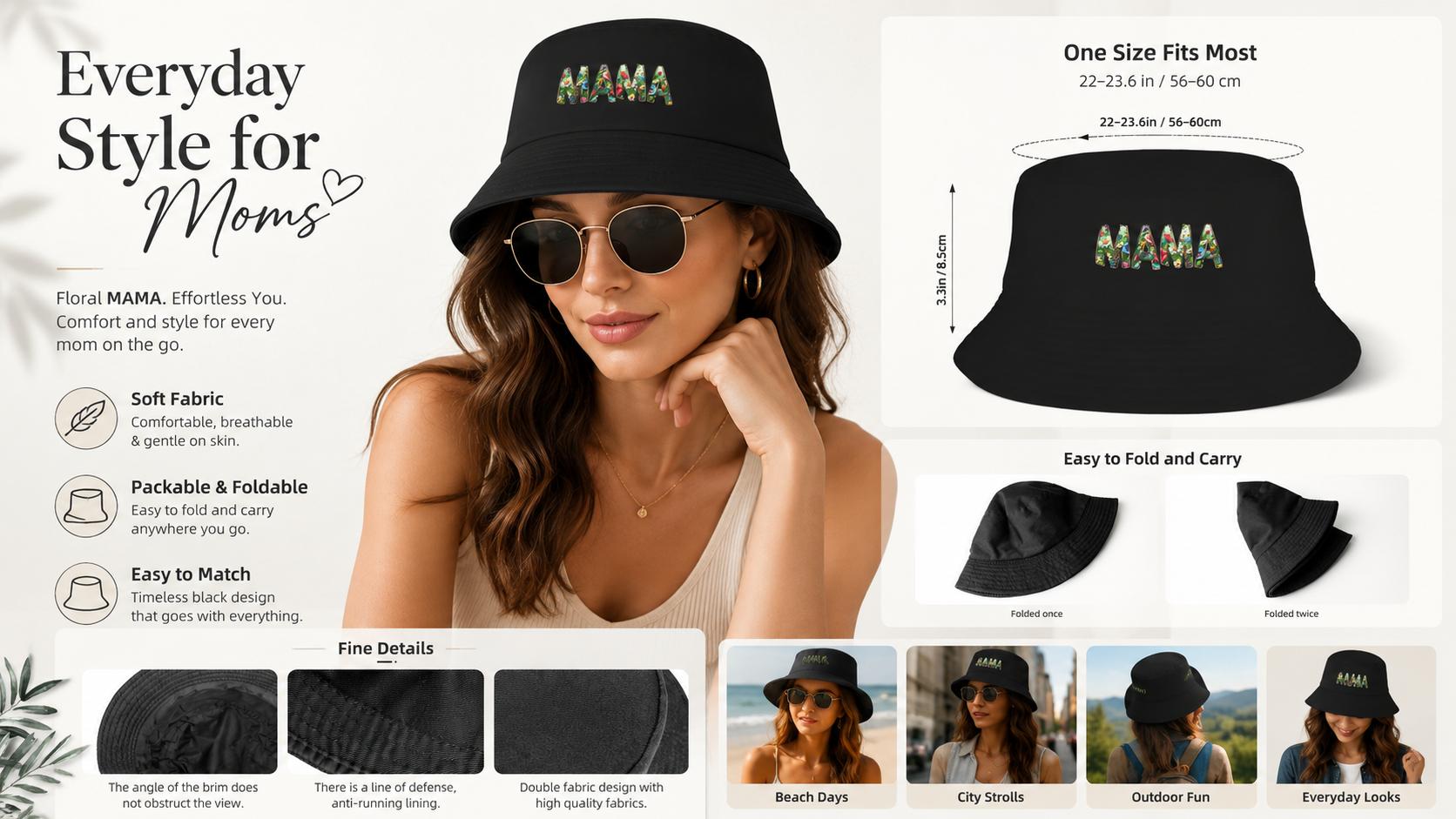 Women's MAMA Floral Letter Bucket Hat - Black, Casual, Lightweight Foldable Packable Sun Hat for Beach, Vacation Wear