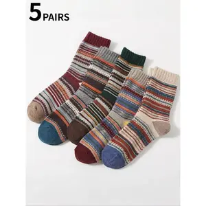 5 Pairs of Men's Vintage Multi-Color Mid-Calf Socks Thickened Warm Mid-Calf Socks with Patterns Men's Gift Fashionable Mid-Calf Socks Fall/Winter Style Sock Set
