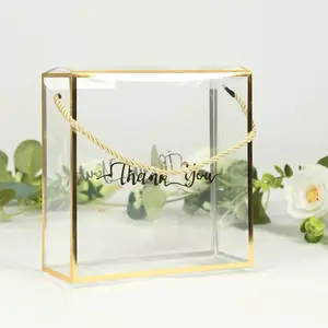 25 Pack Gold Trimmed Clear PVC Favor Boxes with Rope Handles and Thank You Print, Square Transparent Portable Candy Gift Boxes - 8"x8"