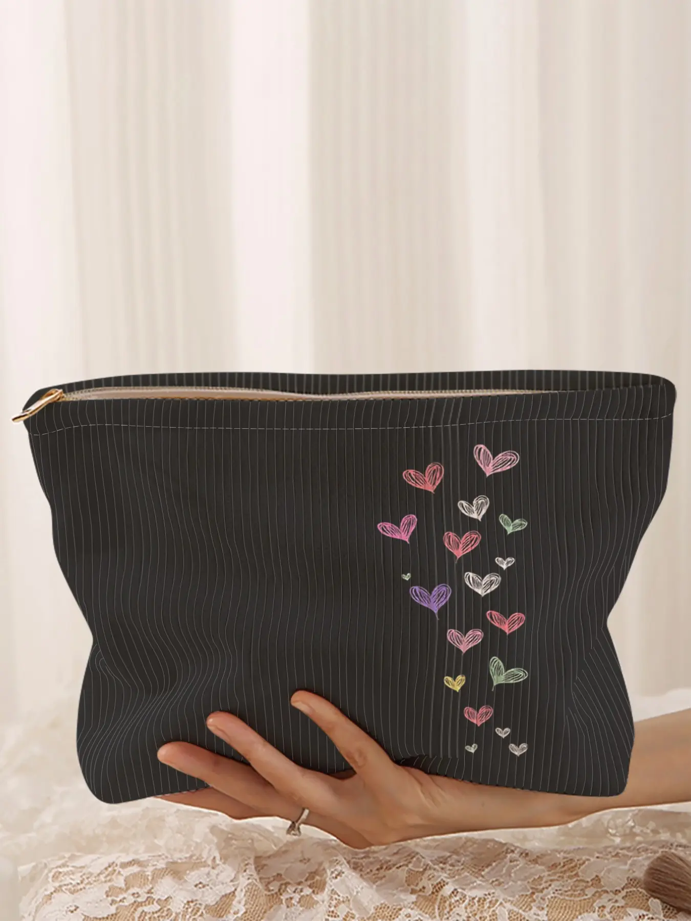 Heart Pattern Plaid Makeup Bag, Cartoon Style, Cute Lightweight Multifunctional Fashion Casual Cosmetic Pouch, Travel Organizer