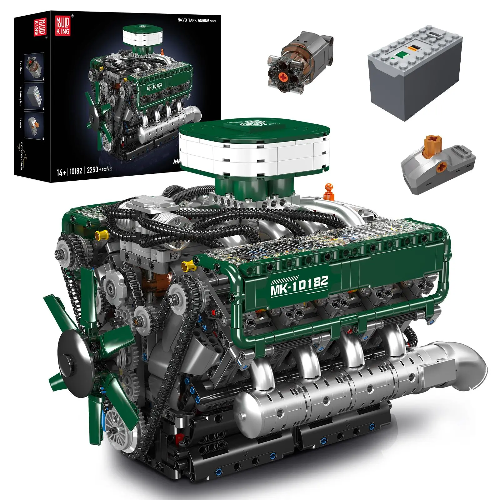 Mould King 10182 Buildable Bricks Kit - Functional Green V8 Double Turbo 8-Cylinder Realism Engine Model, 2250-Piece DIY Building Set, Motor-Ready Model Building Kits, Valentine's Day Gift for Kids