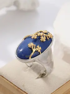Unique Retro Oval-shaped Synthetic Turquoise Ring, Golden Floral Design Art Ring, Elegant Jewelry Accessory for Women