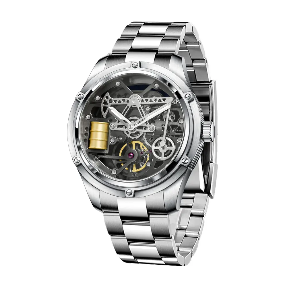 Pindu Men's New Skeleton Mechanical Watch Leather Sapphire Crystal Commercial 42mm Men's Watch Miyota 8215 Automatic Watch 50m Waterproof
