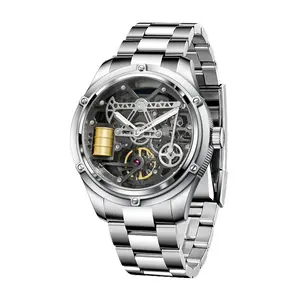 Pindu Men's New Skeleton Mechanical Watch Leather Sapphire Crystal Commercial 42mm Men's Watch Miyota 8215 Automatic Watch 50m Waterproof