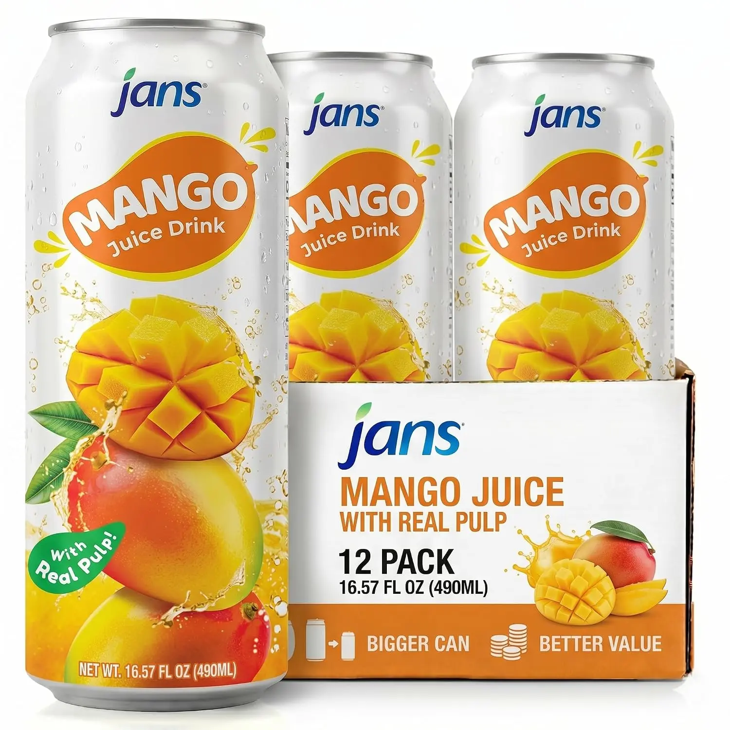 Jans 100% Mango Juice Drink with Real Pulp (16.9 fl oz, Pack of 12) Fat-Free, 100% Mango Juice, Cholesterol-Free, Refreshing Taste of the Tropics