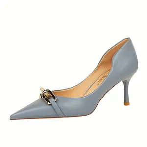 [Light Blue Stiletto Heels] Versatile Light Blue Stiletto Heels - Elegant Pointed Toe PU Cover Dress Pumps with Chic Metal Buckle Detail, Cute for All Seasons