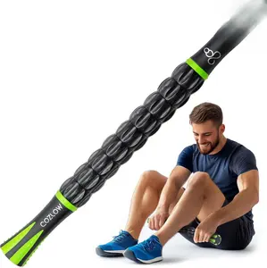 Muscle Roller Stick – Black & Green – Body Roller Tool with 9 Rollers & Non-Slip Handles – by Cozlow