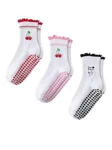 3 Pairs Yoga Socks for Women, Pilates Grip Socks, Cute Barre Non-Slip Crew Socks, Athletic Socks, Exercise Hospital Wear