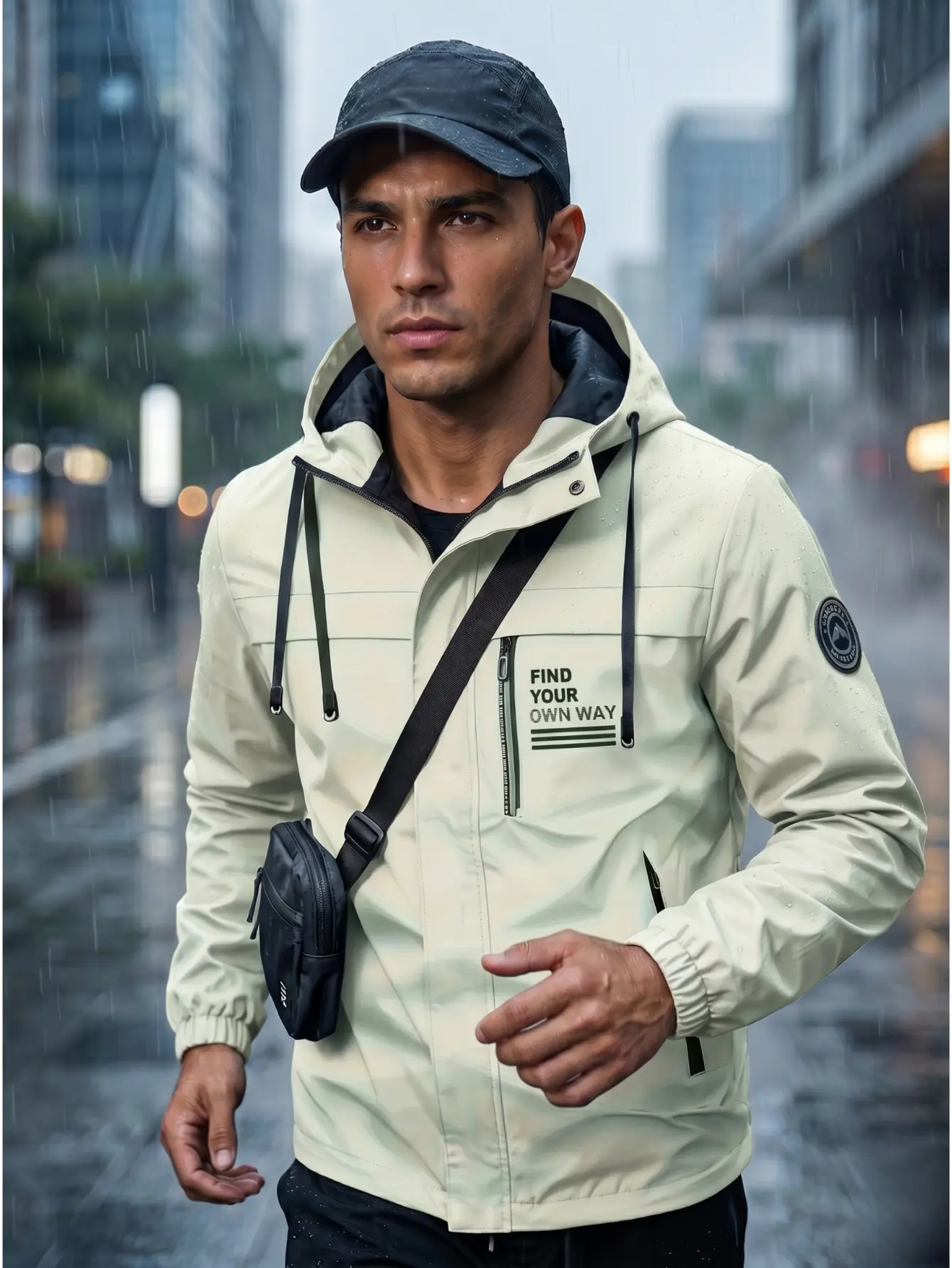 Niche rugged men’s hooded hardshell jacket, waterproof and windproof, multi-pocket functional zip-up outerwear for urban outdoor use, two-way wear