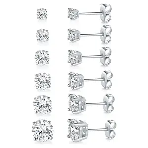 Lunovra Jewelry White Gold Plated 4 Pong Round Clear Cubic Zirconia Stud Earrings 6 Pairs Unisex Gift Set