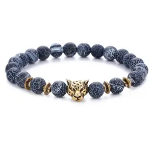Vintage Charm Alloy Leopard Head Men's Bracelets Quality Nature Stone 8mm Round Beads Health Yoga Jewelry