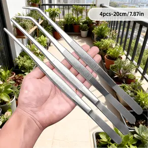 4Pcs 20cm Non-slip Stainless Steel Tweezers Set, Straight & Curved Tips, Multifunctional Long Tweezers, Ideal for Gardening, Aquarium Aquatic Plants Feeding, Bonsai Care, Home & Office Use