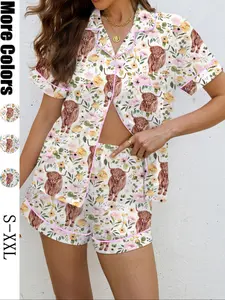 Women's Highland Cow Print Pajama Set, Casual Fitted Shirt Collar Top & Elastic Shorts, Soft Comfortable Home Wear