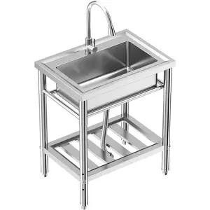Stainless Steel Utility Sink, Free standing Single Bowl Commercial Kitchen Sink with Pull-Out Faucet, Commercial Single Bowl for Restaurant, Workshop, Laundry