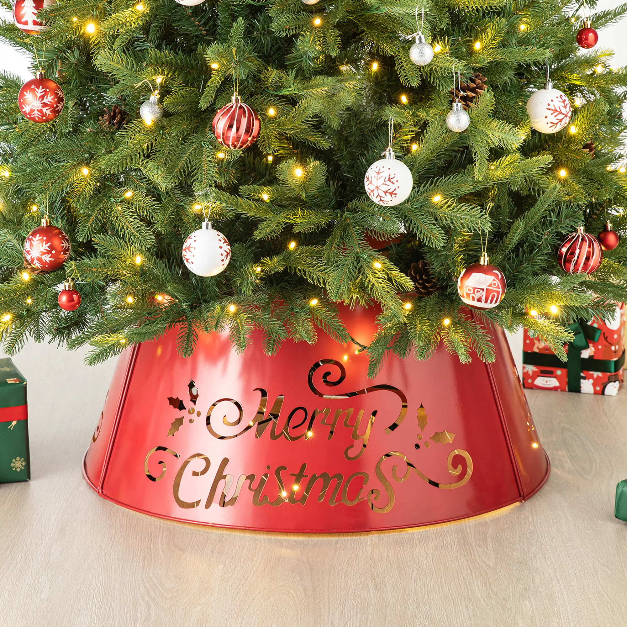 Glitzhome 26"D "Merry Christmas" Diecut Metal Tree Collar with Light String(KD)