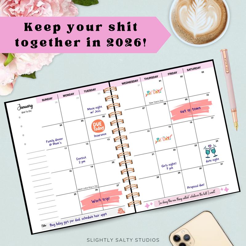2026 F*ck It Planner for Tired-Ass Women - Funny Daily & Monthly Planner with Budget and Mood Trackers, 60+ Sarcastic Quotes, 110 Full-Color Pages, Hard Cover, Gold Spiral Binding