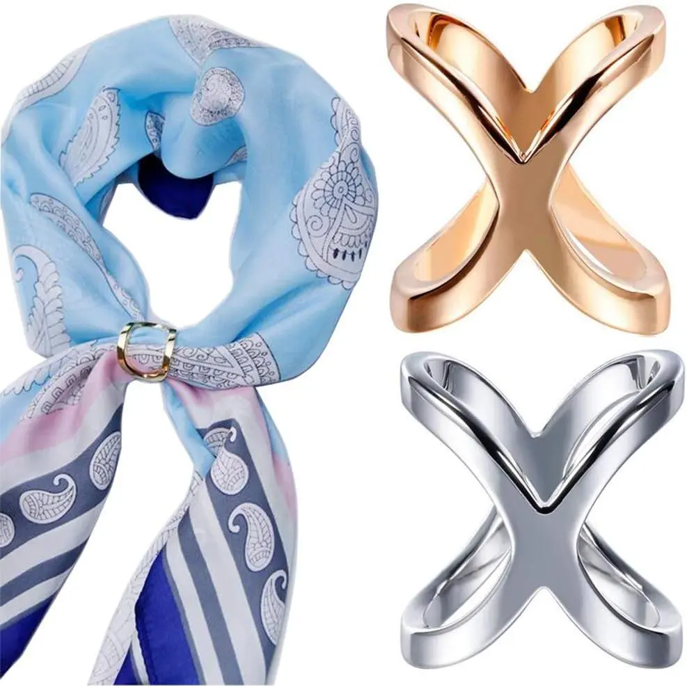 2 count(Gold+Silver) X Shaped Women Lady  Fashion Scarf Ring Buckle Modern Simple Jewelry Silk Scarf Clasp Clips Clothing Wrap Holder Clothing Decoration Accessories for T-Shirt Neckerchief Shawl