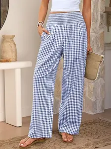 Gingham Plaid Wide Leg Pants for Women, Y2K High Waist Smocked Elastic Waist Palazzo Pants with Pockets, Casual Summer Beach Vacation Lounge Trousers, Comfy Lightweight Aesthetic Streetwear, Womenswear