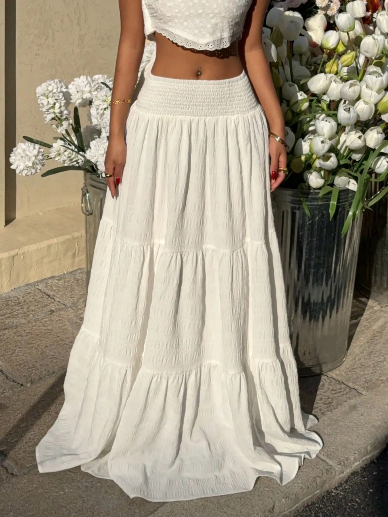 Women's Feminine Elegance Waist-Cropped Pleated Ruffle Half-Length Skirt, Lined Non-See-Through, Ideal for Travel, Office, Casual Occasions Maxi, Casual Workwear Skirt