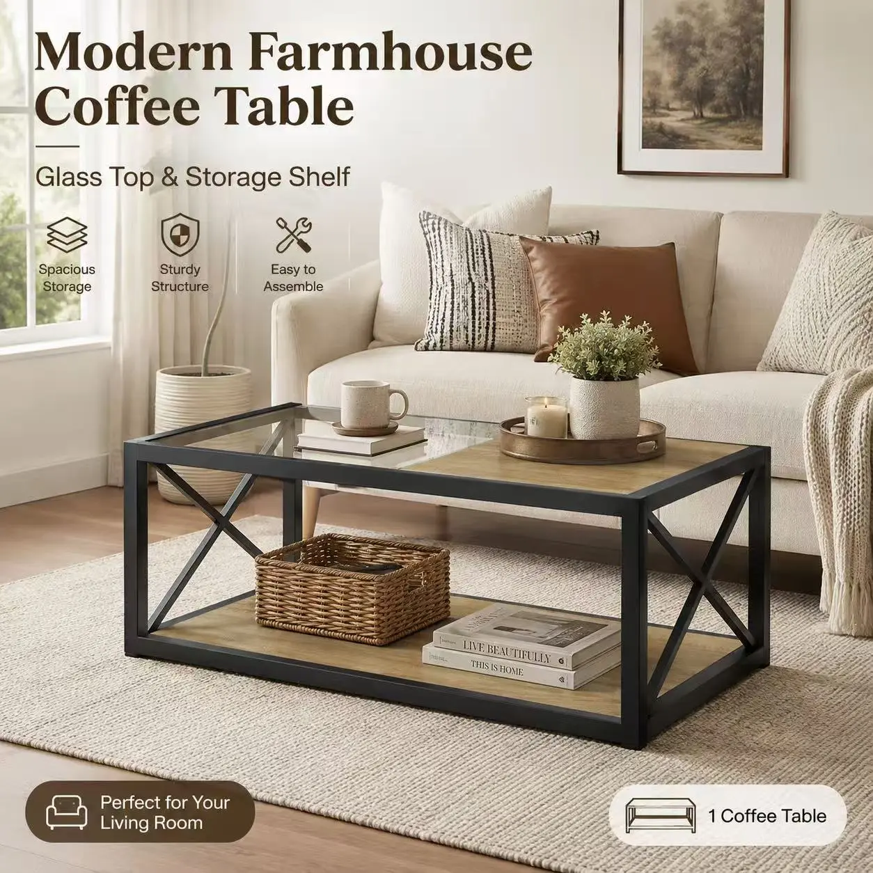 Modern Industrial Coffee Table, 105.9cm×63.5cm×13.5cm, Tempered Glass & MDF Tabletop with Metal Frame, 39.37"×22.83"×14.96", for Living Room Bedroom Study ,Home apartment small, Rectangle Tables, Industrial Accent Table