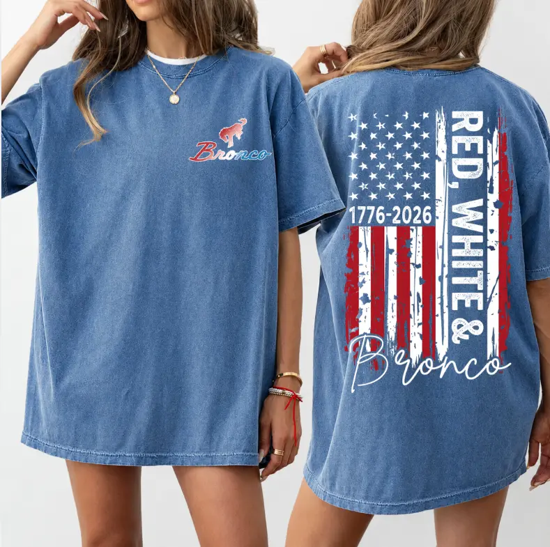 Comfort Color Ford Bronco Red White And Bronco T-shirt, 1776-2026 Independence Day Tee, Ford Bronco Patriotic Lover Tshirt, Vintage USA Flag July 4th Tee, Full Size, Full Color