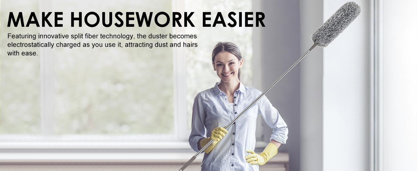 [New Deal] Extra-Long Dusters with Extension Pole 100-inch for Cleaning, Bendable Microfiber Head Washable Ceiling Fan Duster for High Ceilings