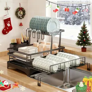Foldable Over Sink Dish Drying Rack｜Pull Out 2 Tier Dish Drainer with Utensil Holder｜Space Saving Kitchen Organizer for Small Kitchens outdoorfun
