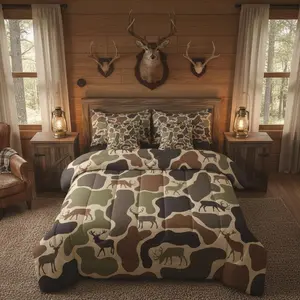 Camo Deer Comforter Bed Set,7 Pcs Camouflage Hunting Deer Bedding Set,Kids Teens Green Military Army Camo Bed Bag,Country Hunter Wildlife Sheet Comforter