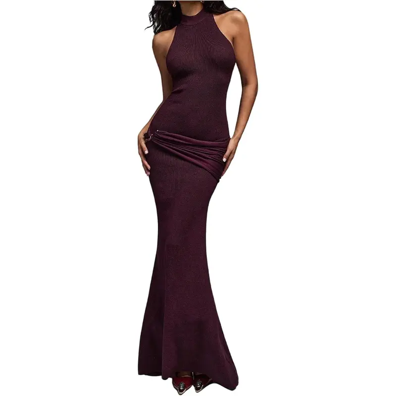 backless fishtail maxi dress CHANDLER Solid Sleeveless Backless Fishtail Bodycon Maxi Dress, Khaki / XS main image 0