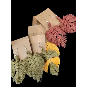 Shaggy Macrame Boho Knotted Fringe Leaf Drop Earrings - multiple color option