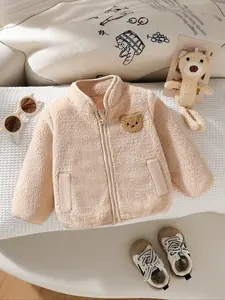 Cute little bear coat for baby boys in winter season, fashionable zipper stand up collar plush coat, winter warm and comfortable casual style coat, versatile and simple style baby boy coat, newborn clothing, cute baby coat, baby boy sports style coat