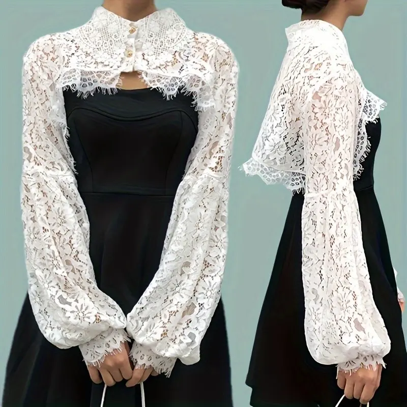 Detachable Collar Long Lantern Sleeve Off-Shoulder Top, Lace Decorated Half-Shirt, Short Top for Women, Stylish and Versatile