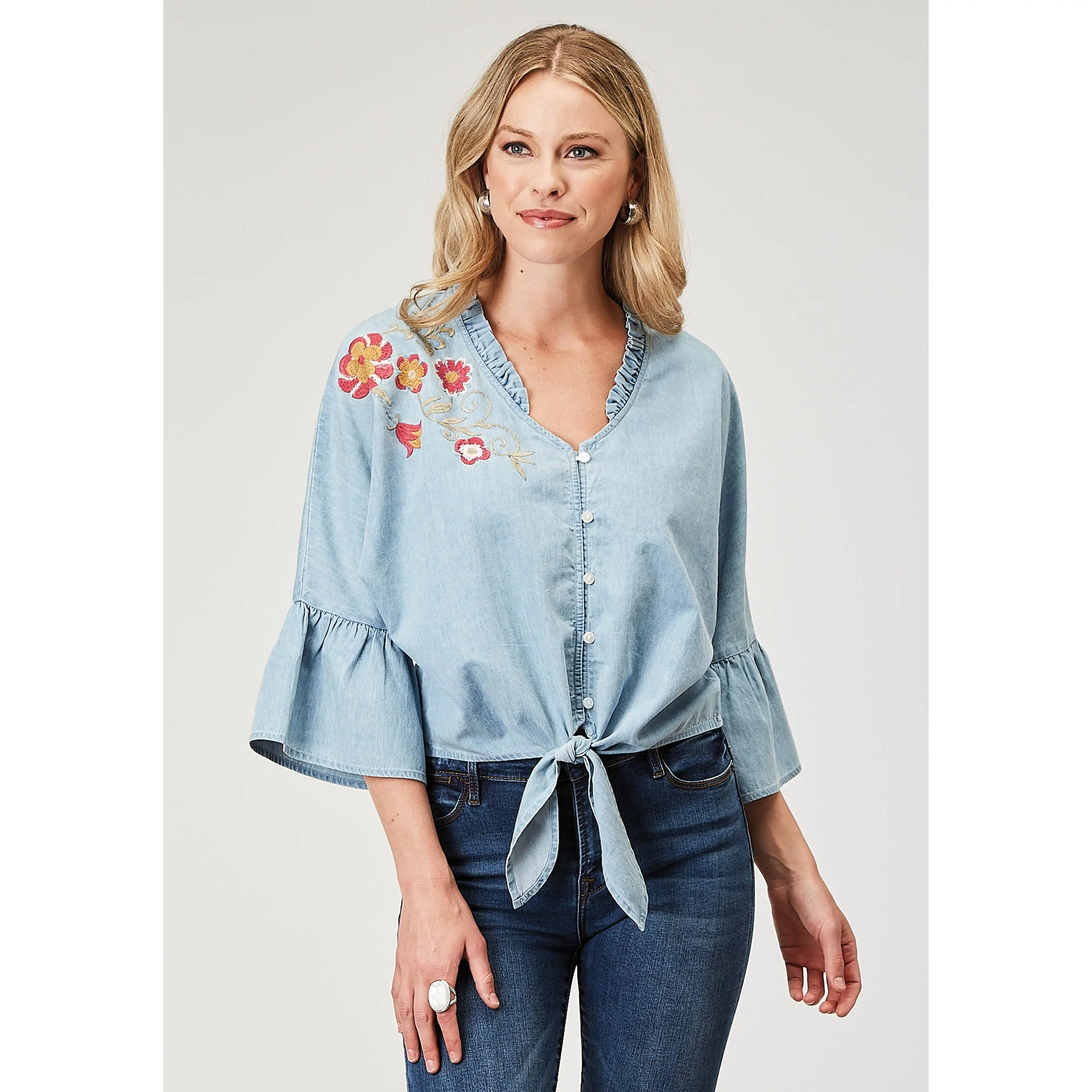 Womens Long Sleeve Button Light Blue Cotton Denim Blousen Western Shirt Wit