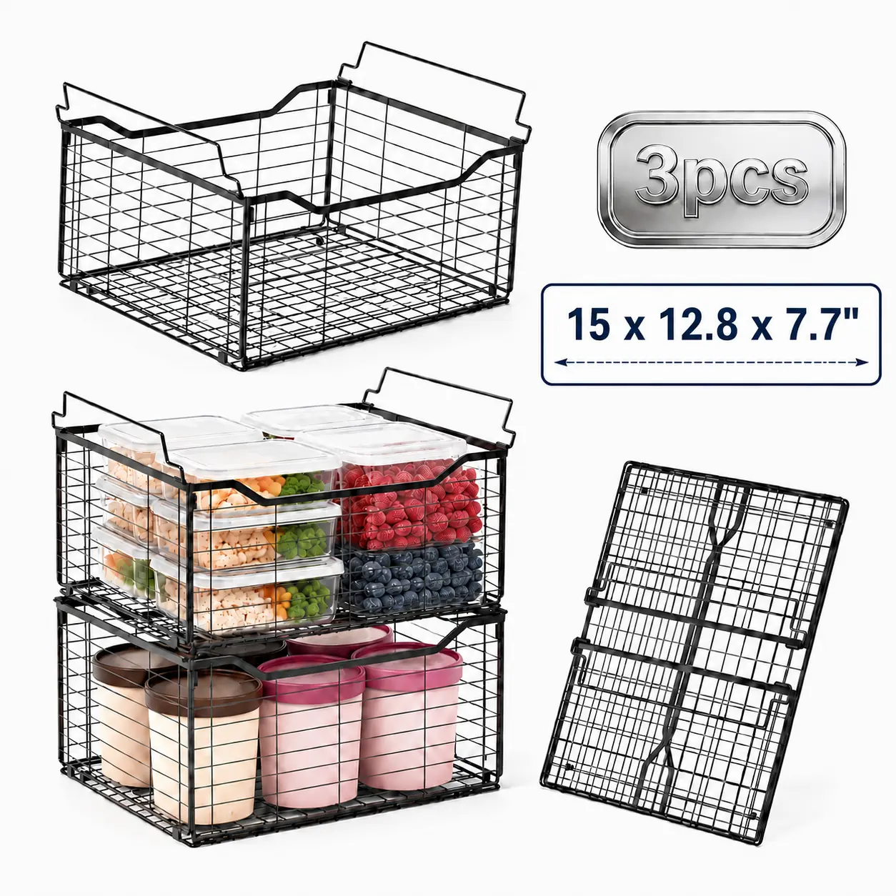 15 x 12.8 x 7.7" 3/6 Pack Deep Freezer Organizer Bins, Large Capacity Stackable Chest Freezer Baskets, Easy Access Storage for Meat, Food & Frozen Items, Black
