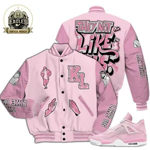 Dunkare Orchid 4s Varsity Jacket - Dislike Us Graphic All Over Print Letterman Jackets