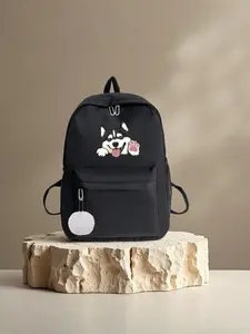 Cartoon Husky Print Backpack, Cute Paw Prints, Soft Ball Charm, Wide Shoulder Straps, Ideal for School, Commute, Short Trips