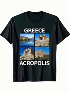 Greece Acropolis T-Shirt - Famous Landmarks Graphic Tee with Parthenon & Ancient Ruins, Ultra-Soft Breathable 100% Cotton, Regular Fit Crew Neck Short Sleeve, Travel Souvenir Gift for Men & Women (S-XXXL, Black), Perfect for Christmas & Thanksgiving, Casu